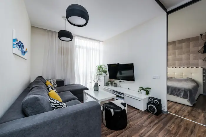Salon moderne avec canapé gris et coussins colorés, image illustrant un appartement proposé en location meublée.