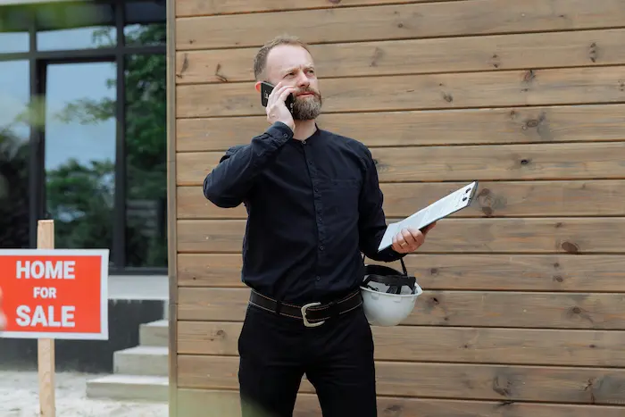 Personne tenant casque de sécurité et clipboard devant panneau maison à vendre, image illustrant courtier prêt immobilier et accompagnement professionnel.