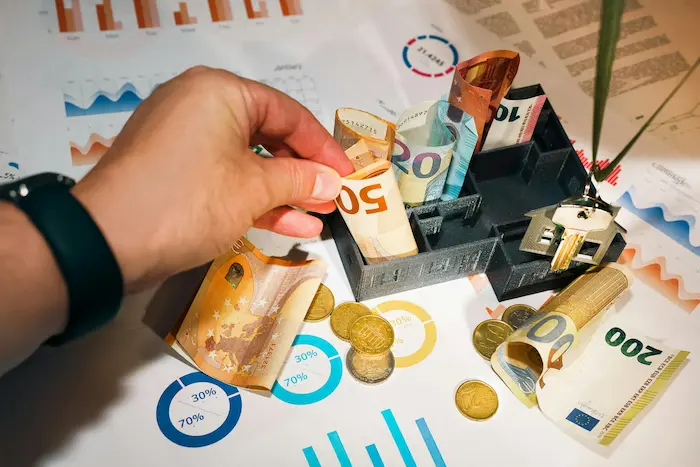 Main tenant un billet de cinquante euros reflétant la vigilance et la discipline nécessaires pour constituer le capital social d’une SCI.